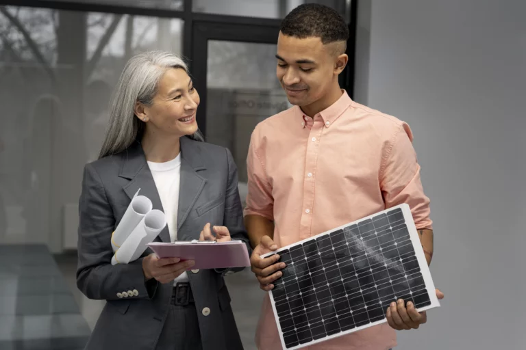 Two workers discuss plans for a solar setup in an office ensuring transparency.